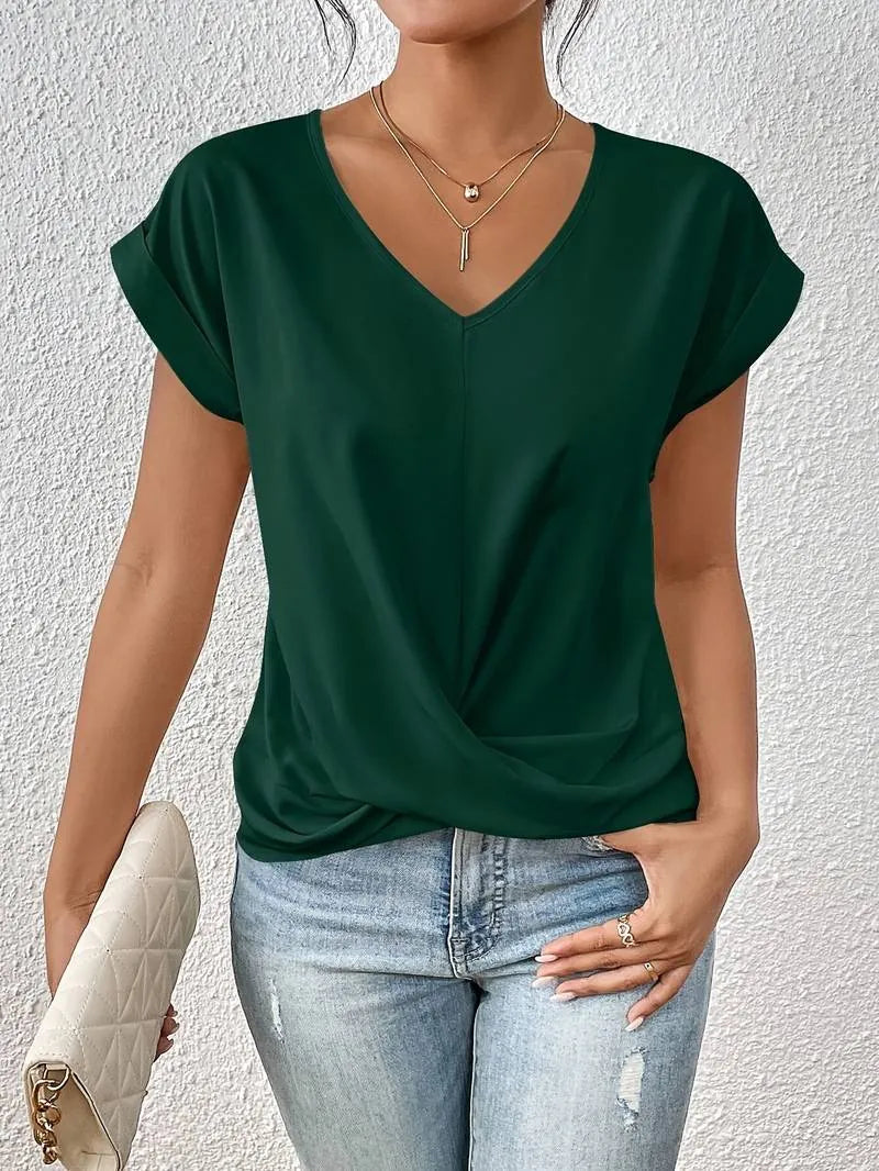 Green Women's V-Neck Short Sleeve T-Shirt — Vera Twisted Front Relaxed - Front Styled