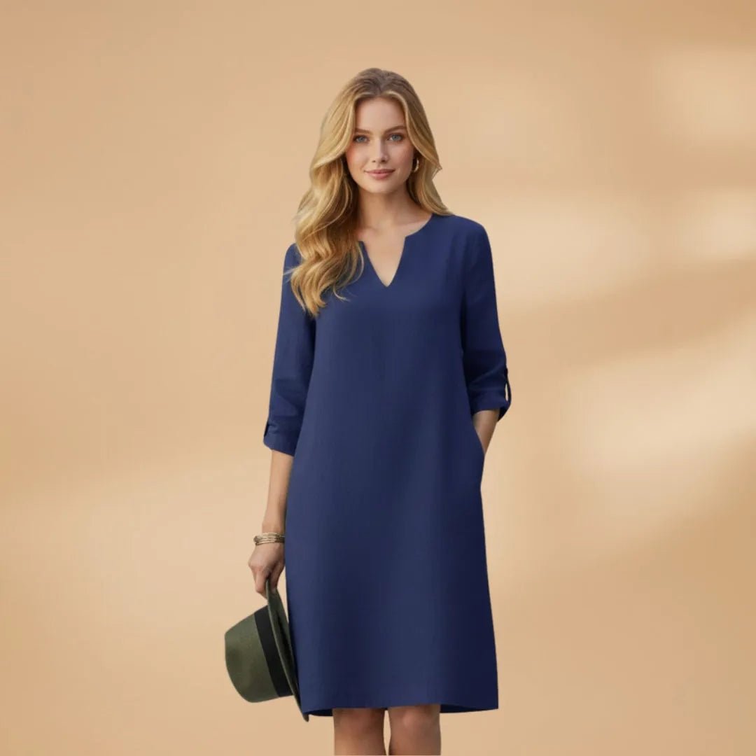 Diana | Elegant Women's V - Neck Dress with Three Quarter Sleeves - Navy Blue - 16
