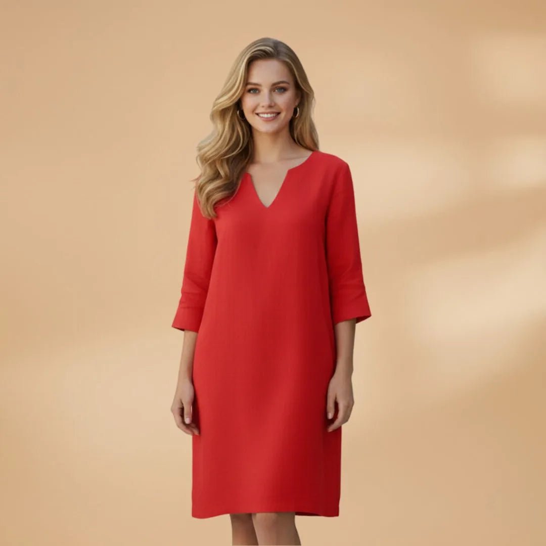 Diana | Elegant Women's V - Neck Dress with Three Quarter Sleeves - Red - 13