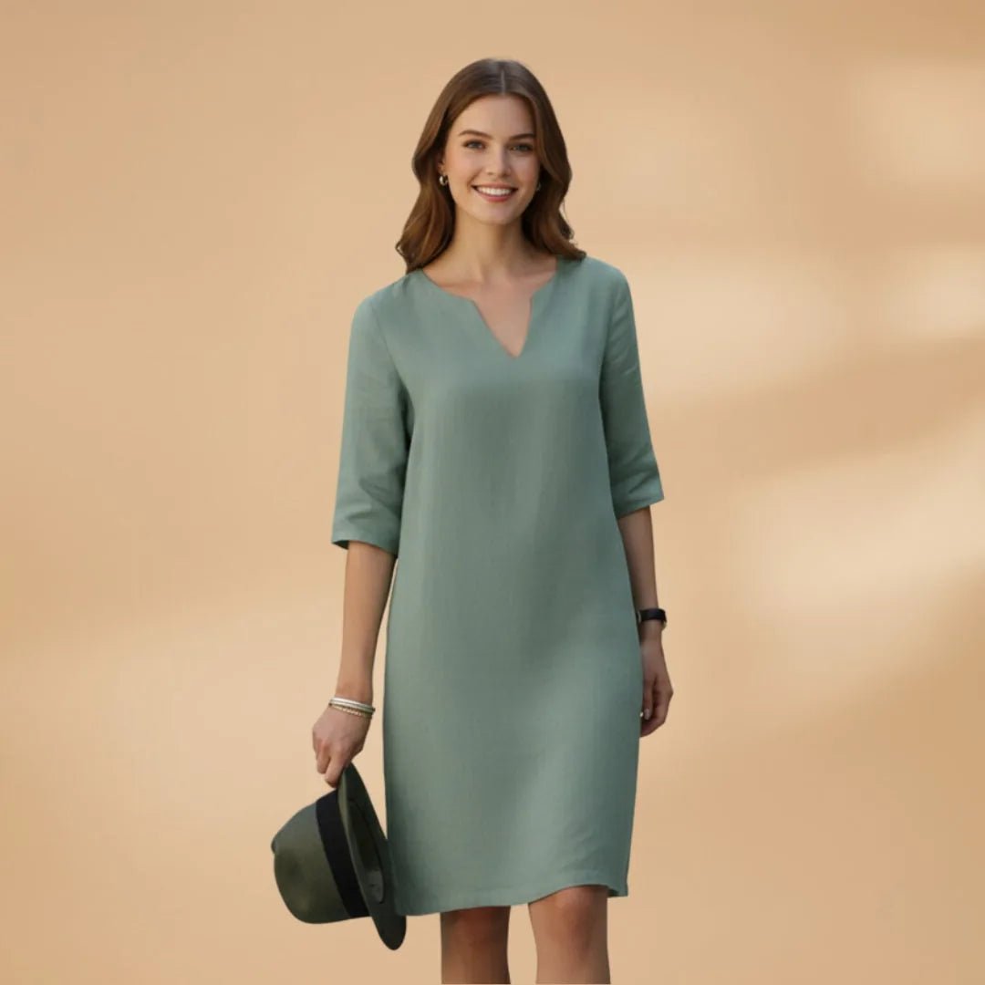 Diana | Elegant Women's V - Neck Dress with Three Quarter Sleeves - Sage - 18