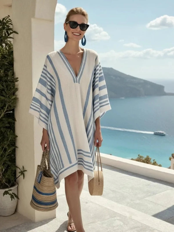 Blue Women's Striped V-Neck Wide Sleeve Midi Dress — Cassidy Flowing Beach - Front Full