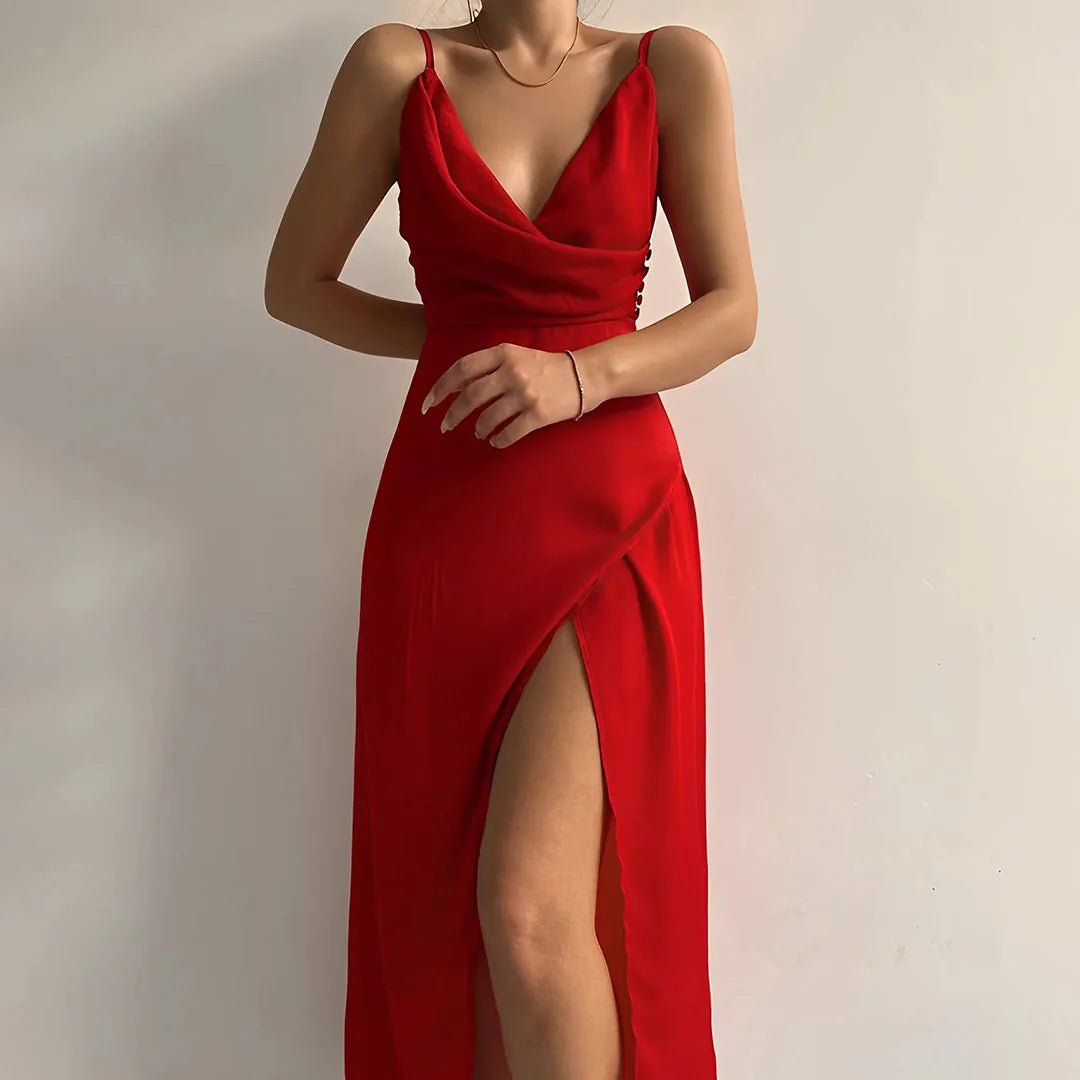 Isabella | Sleek V - Neck Wrap Wedding Guest Dress With Slit - Red - 2