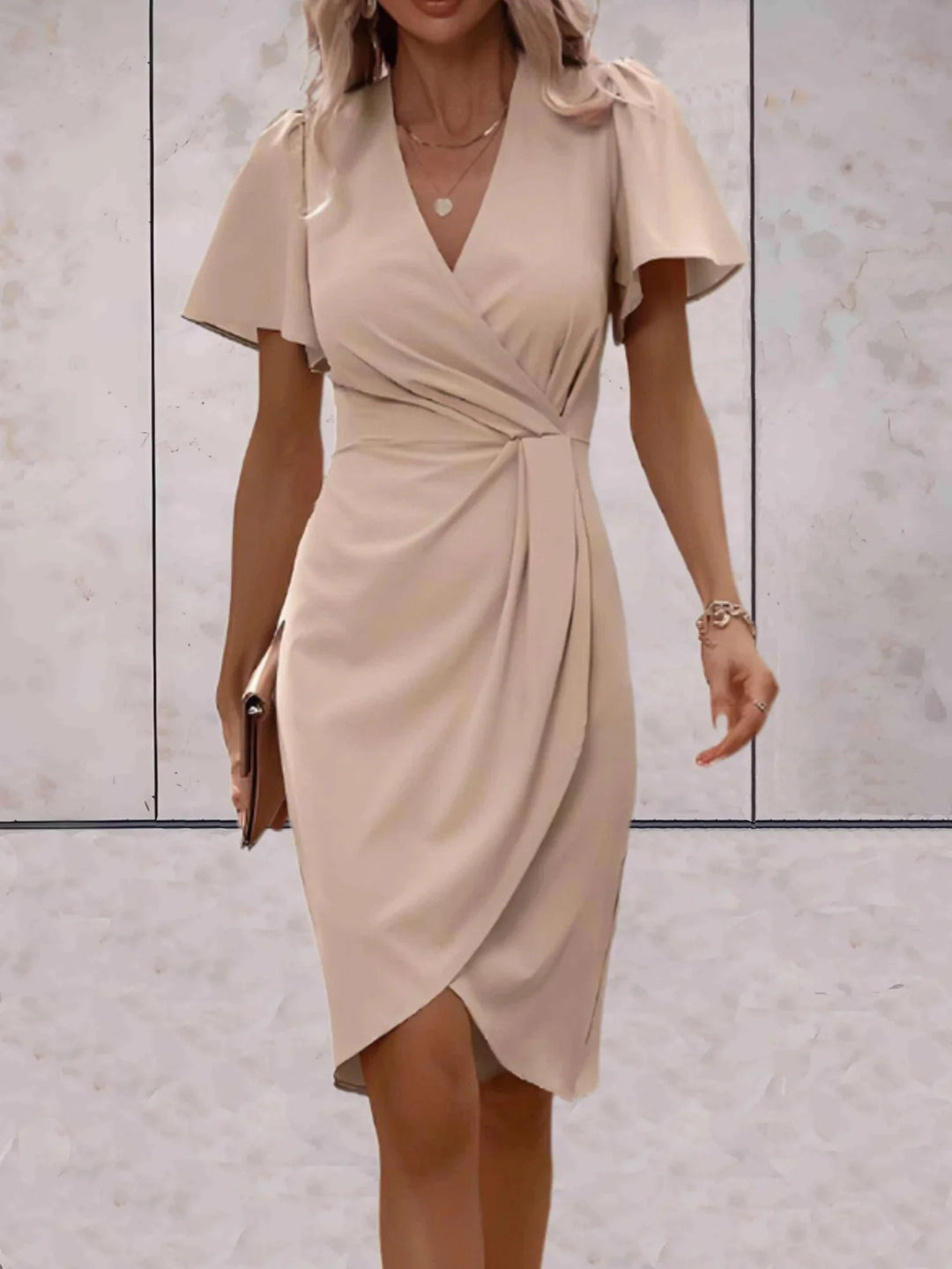Beige Women's V-Neck Wrap Midi Dress — Sienna Flutter Sleeve Elegant - Front Pose