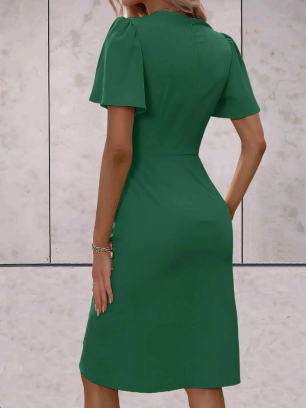 Grn Women's V-Neck Wrap Midi Dress — Sienna Flutter Sleeve Elegant - Back Full