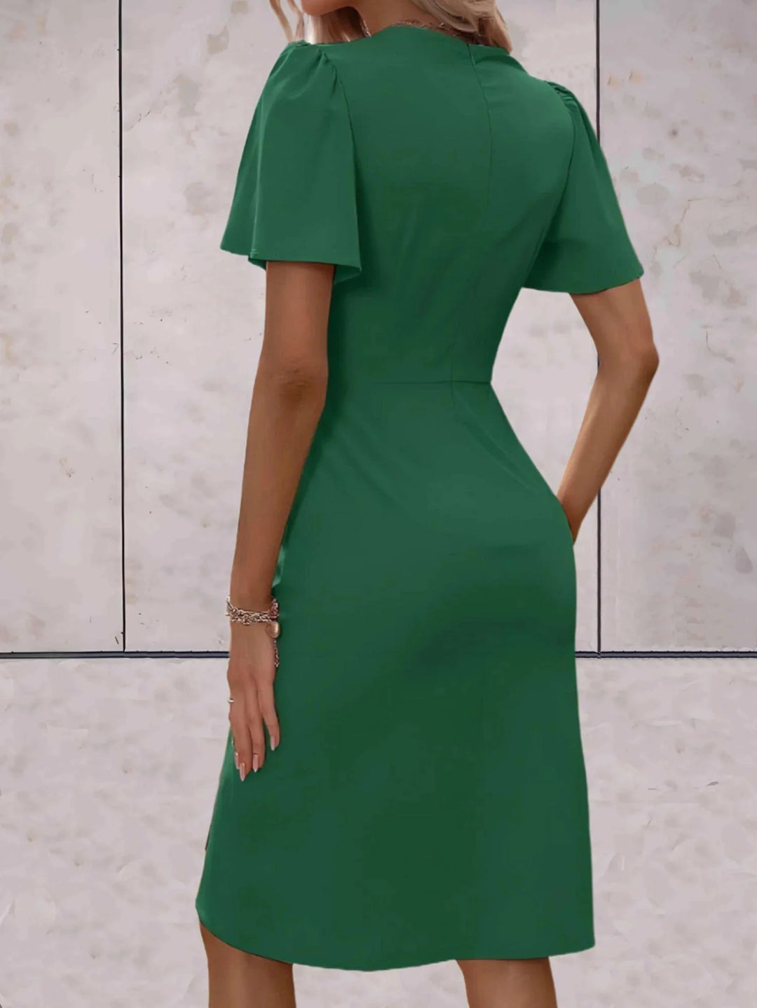 Grn Women's V-Neck Wrap Midi Dress — Sienna Flutter Sleeve Elegant - Back Full