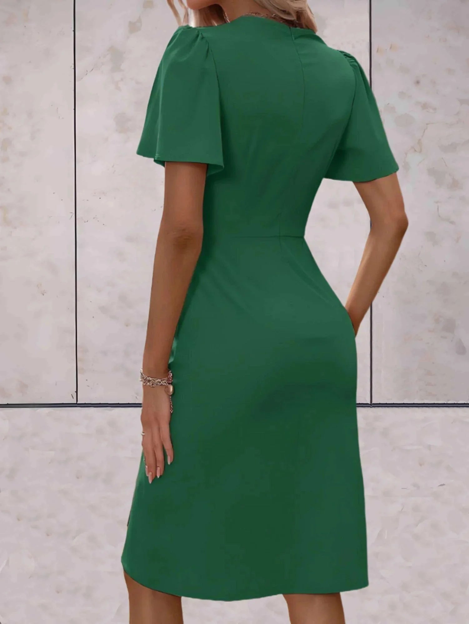 Grn Women's V-Neck Wrap Midi Dress — Sienna Flutter Sleeve Elegant - Back Full