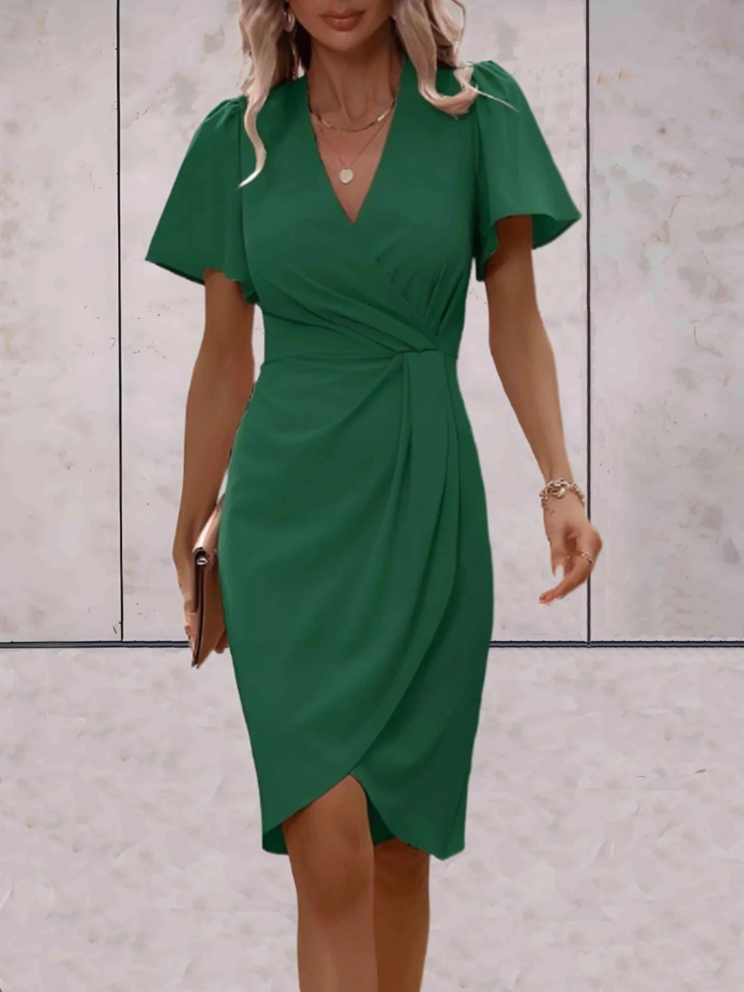Grn Women's V-Neck Wrap Midi Dress — Sienna Flutter Sleeve Elegant - Front Detail