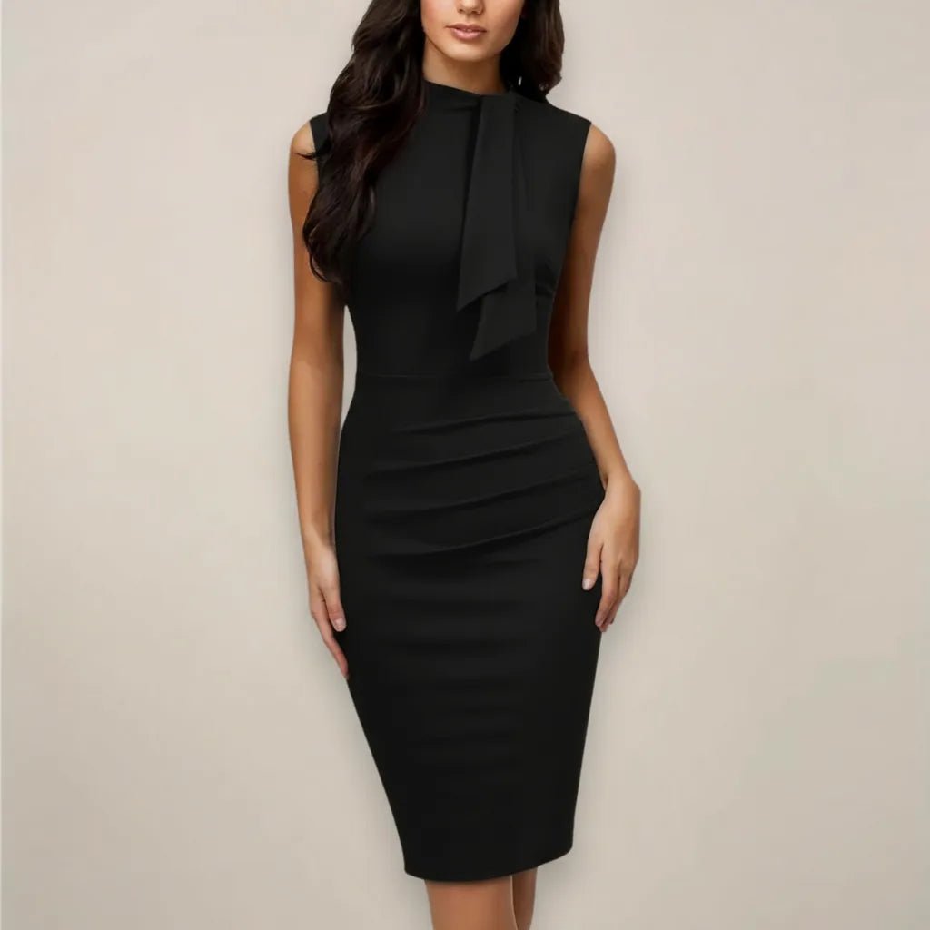 Vivienne | Elegant Sleeveless Midi Wrap Dress with V - Neck - Black - 4