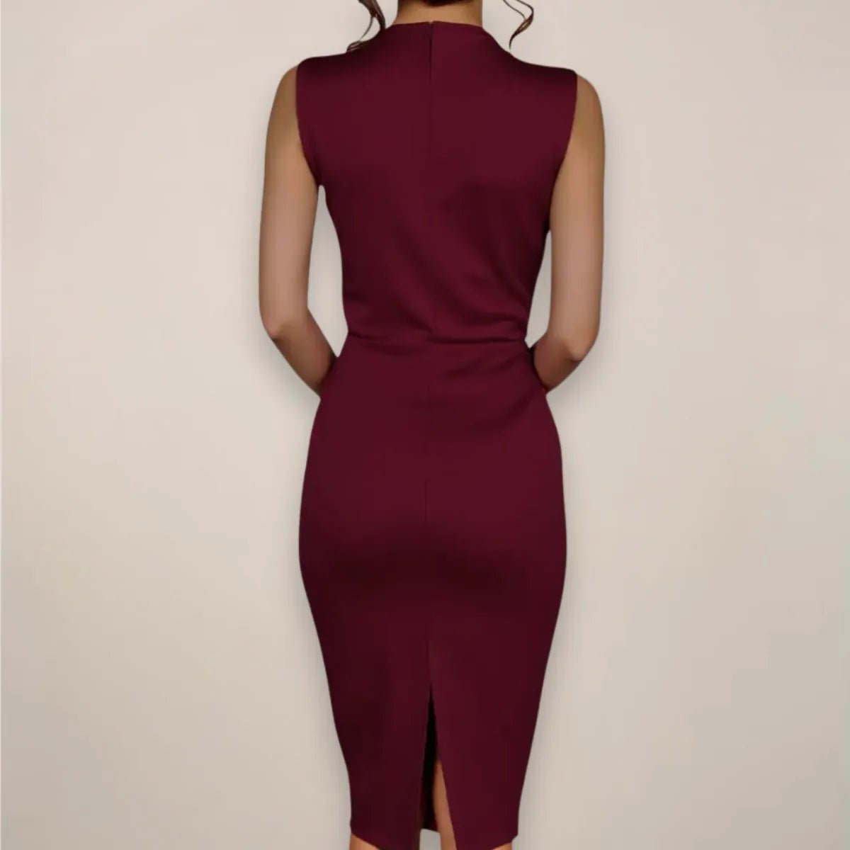 Vivienne | Elegant Sleeveless Midi Wrap Dress with V - Neck - Burgundy - 2