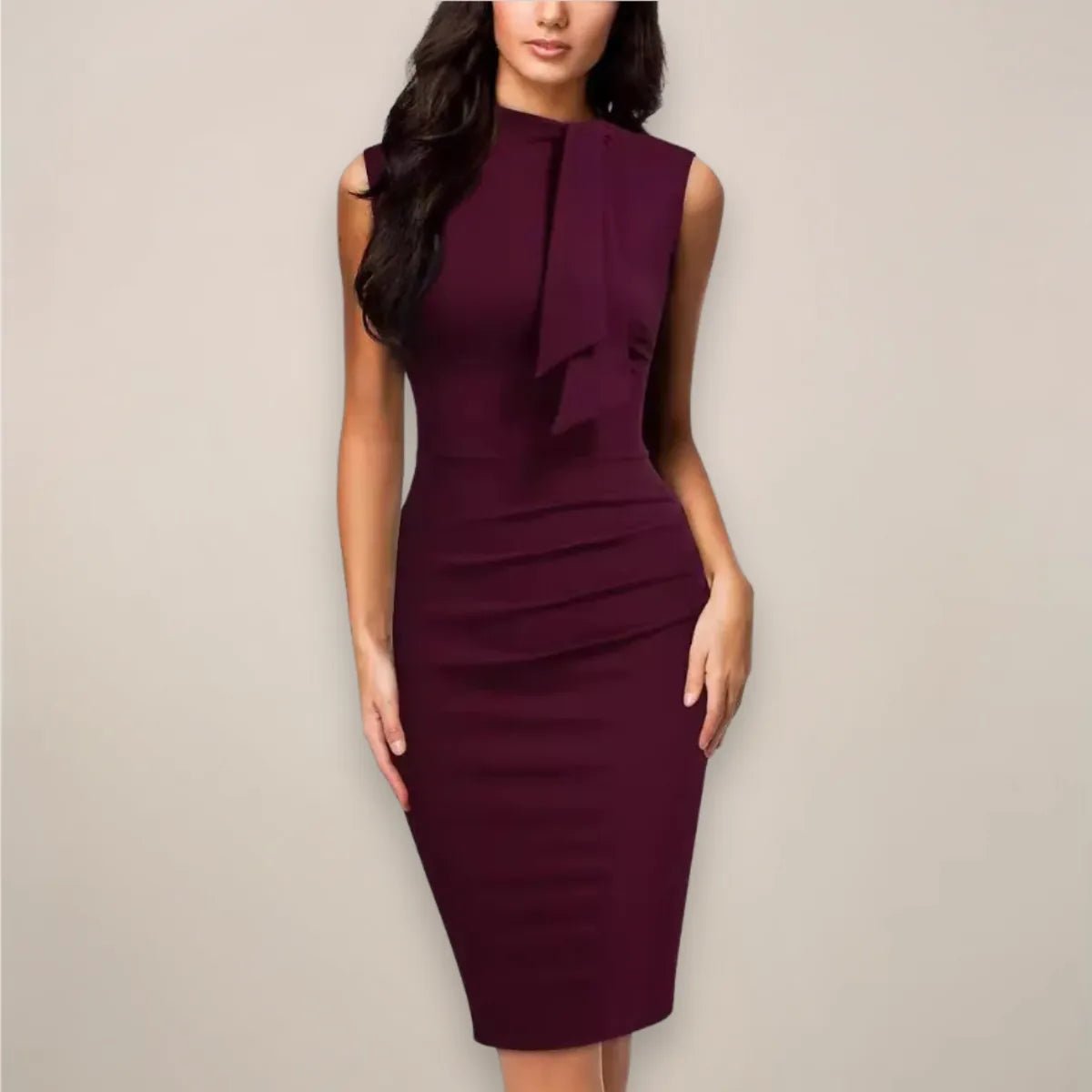 Vivienne | Elegant Sleeveless Midi Wrap Dress with V - Neck - Burgundy - 1