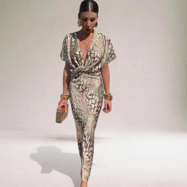 Light Green Women's Floral V-Neck Wrap Wedding Guest Dress — Olympia Short Sleeve Midi - Front Full