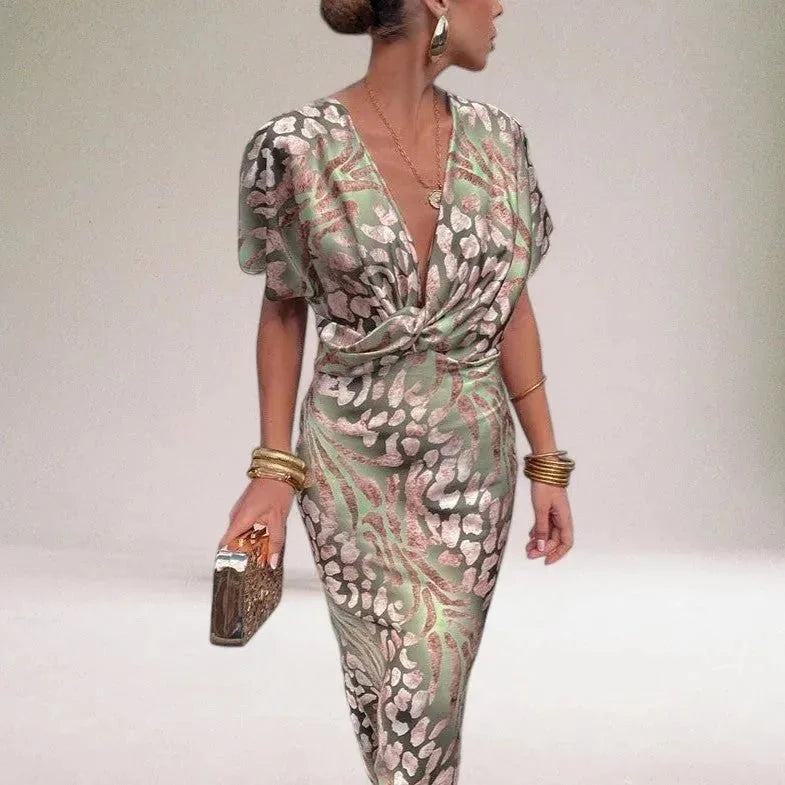 Light Green Women's Floral V-Neck Wrap Wedding Guest Dress — Olympia Short Sleeve Midi - Side Pose
