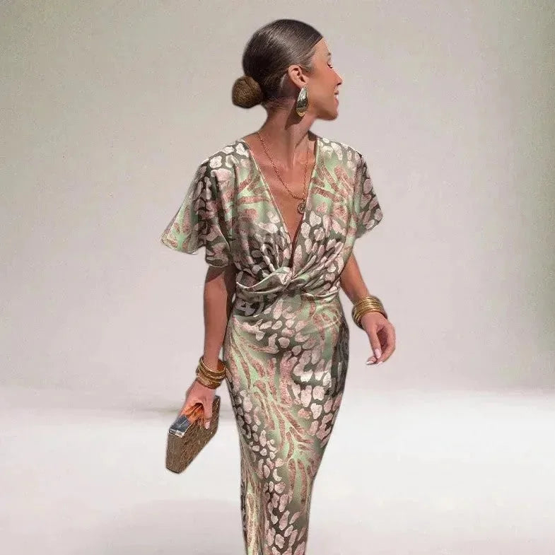 Light Green Women's Floral V-Neck Wrap Wedding Guest Dress — Olympia Short Sleeve Midi - Three Quarter Turn