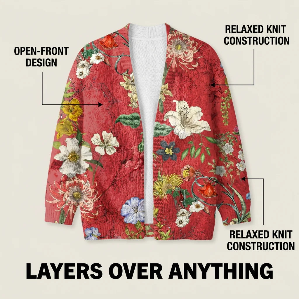 Red Women's Floral Print Cardigan Sweater — Zoey Button-Front Vintage - Flat Lay