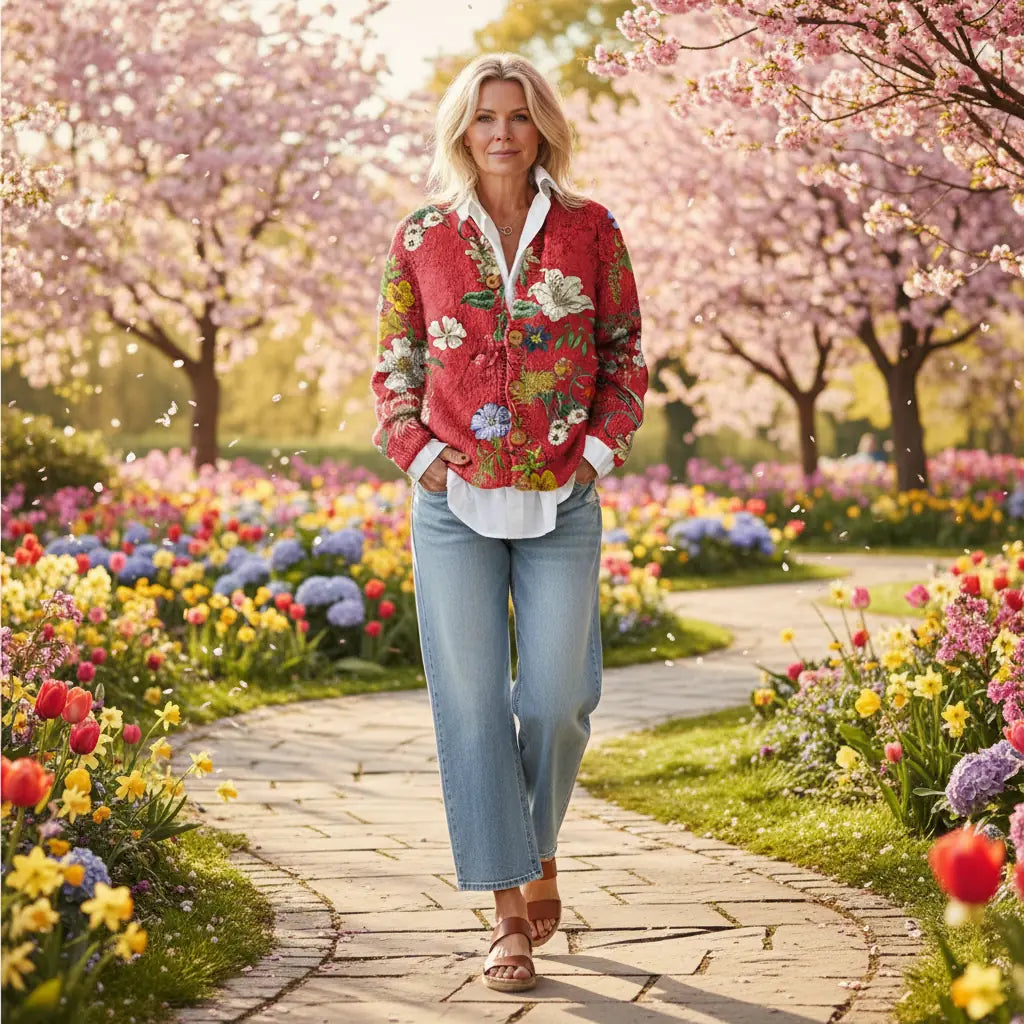 Red Women's Floral Print Cardigan Sweater — Zoey Button-Front Vintage - Outdoor Pose