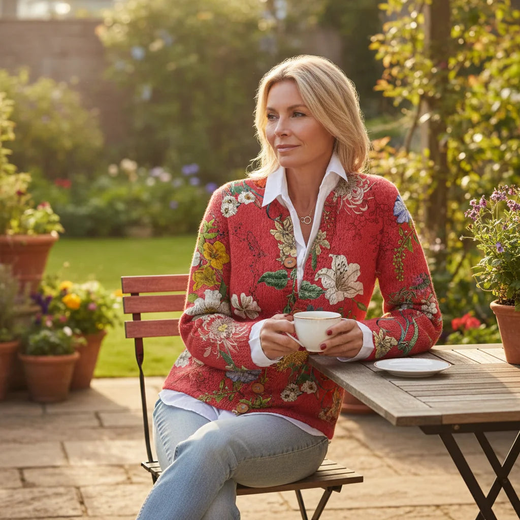 Red Women's Floral Print Cardigan Sweater — Zoey Button-Front Vintage - Worn Lifestyle