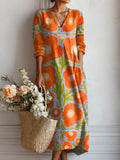 Women's Vintage Floral Linen Pocket Dress — Talia Long Sleeve Maxi