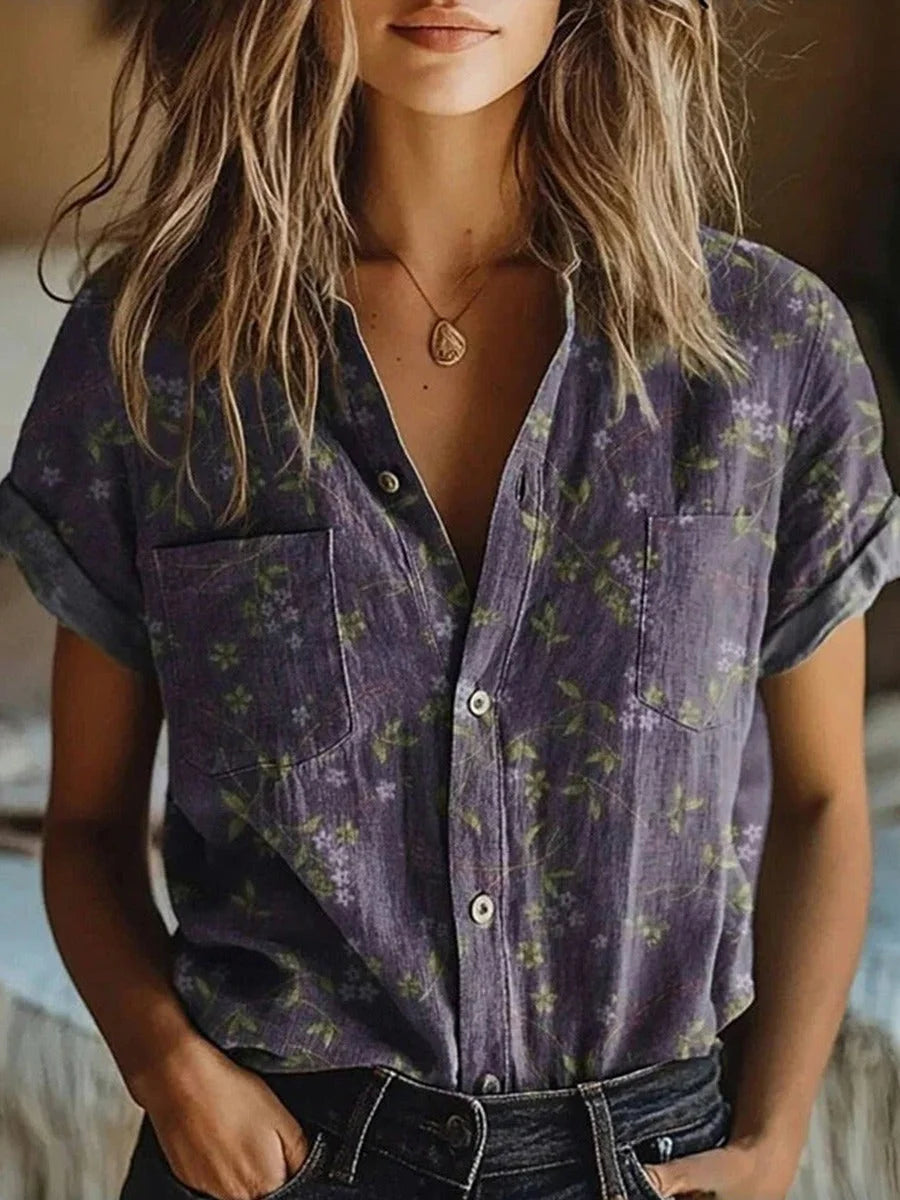 Purple Women's Floral Short Sleeve Blouse — Mavis Vintage Lapel Button-Front - Front Full