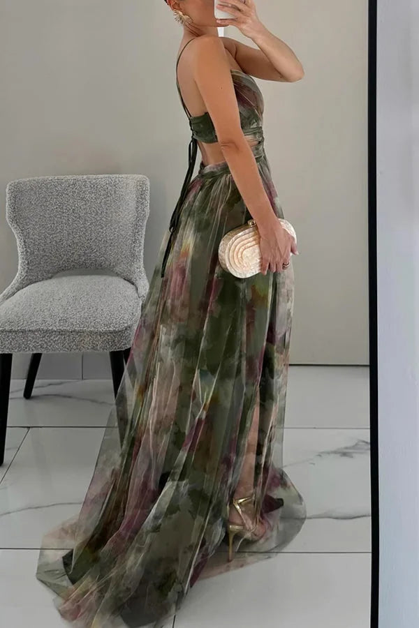 Green Women's Watercolor Print Maxi Dress — Eden V-Neck Cut-Out Flowy - Side Pose Skirt