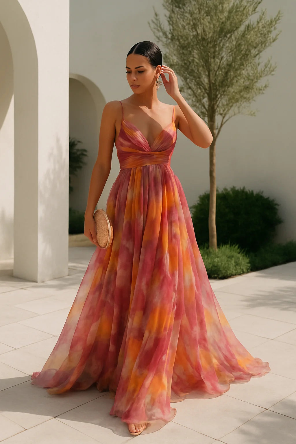 Orange Women's Watercolor Print Maxi Dress — Eden V-Neck Cut-Out Flowy - Front Full Outdoor
