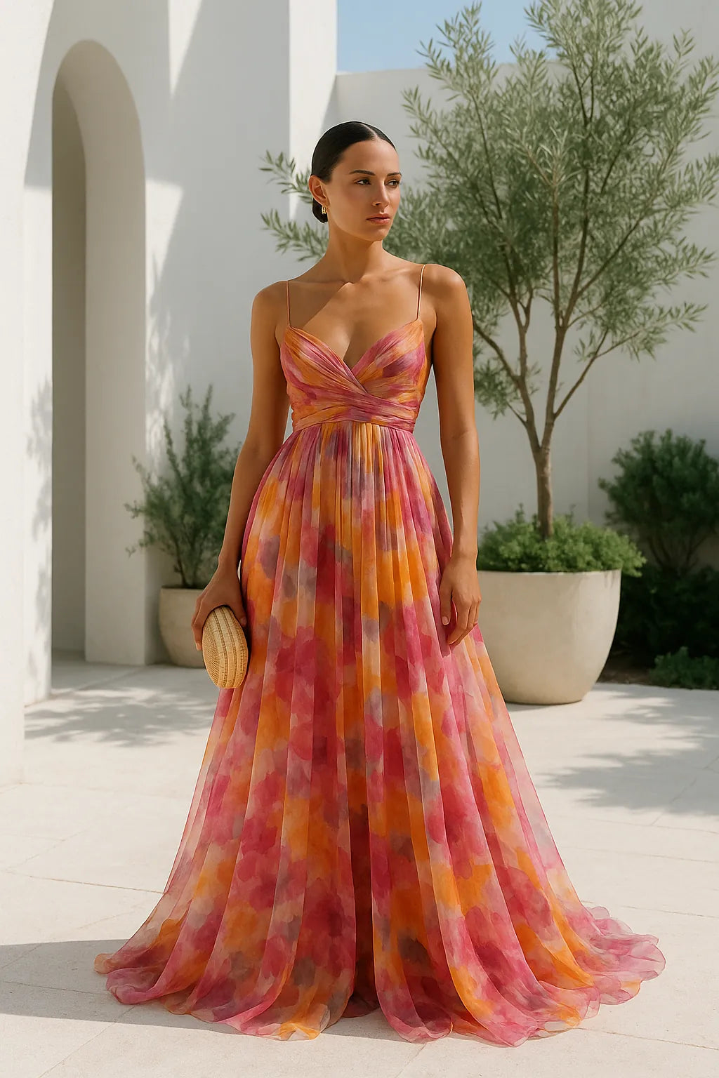 Orange Women's Watercolor Print Maxi Dress — Eden V-Neck Cut-Out Flowy - Front Pose Courtyard