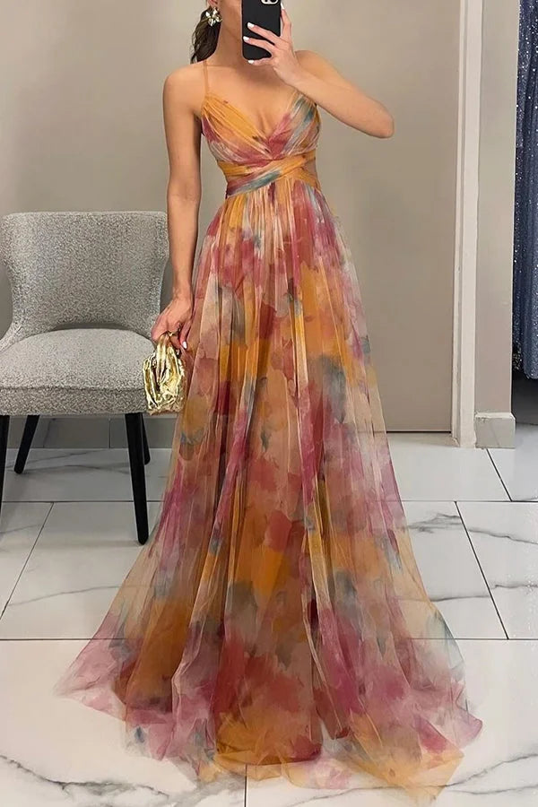 Orange Women's Watercolor Print Maxi Dress — Eden V-Neck Cut-Out Flowy - Mirror Front Clutch