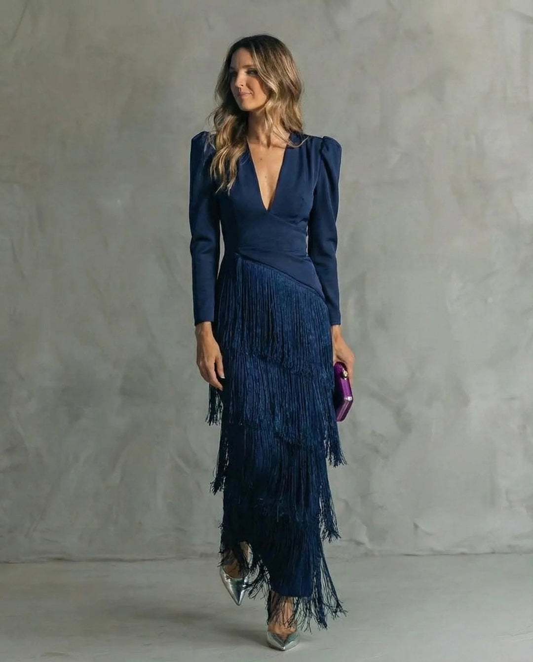 Blue Women's Wedding Guest Dress — Tessa Deep V-Neck Fringe Tiered - Front Pose
