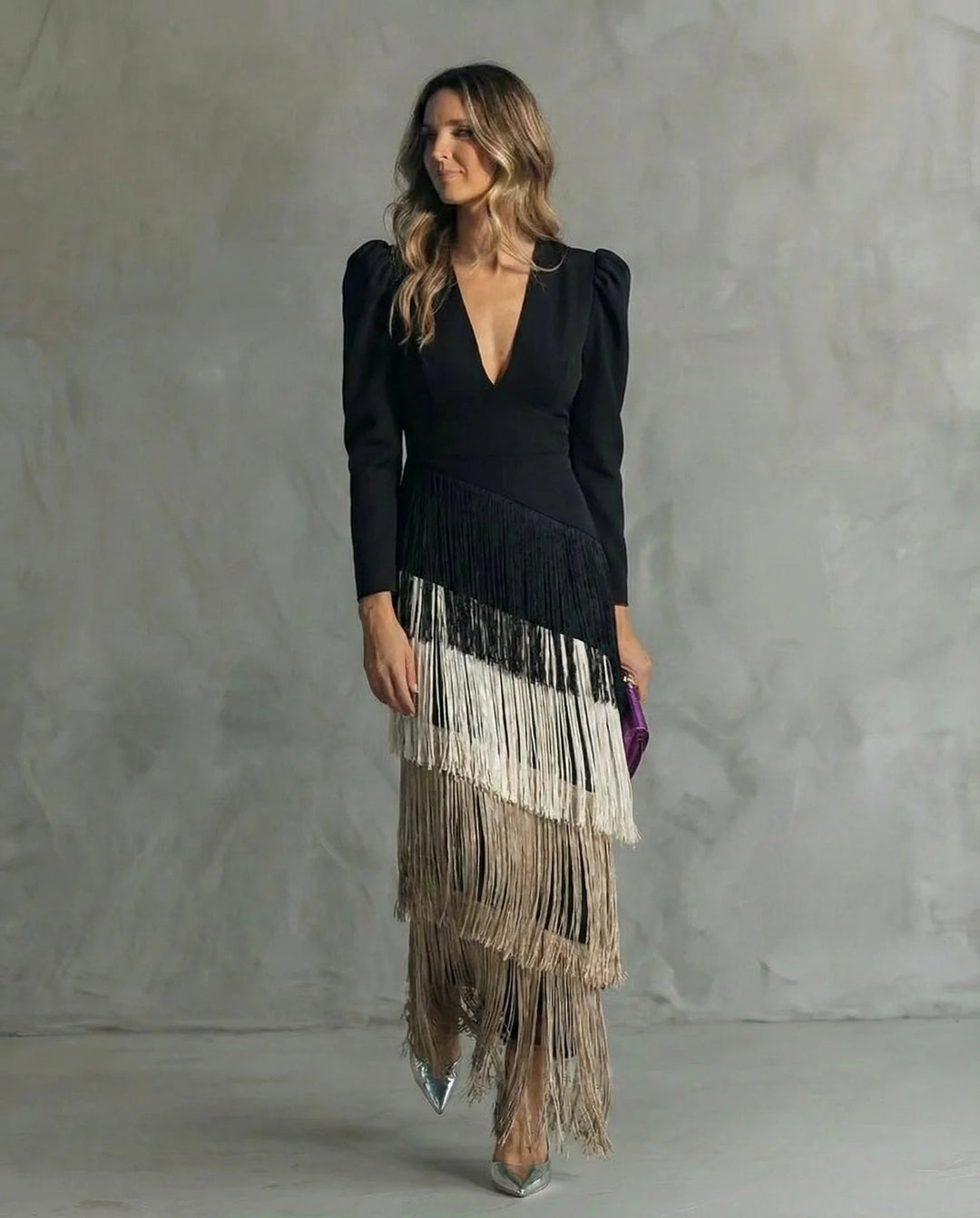 Coffee Women's Wedding Guest Dress — Tessa Deep V-Neck Fringe Tiered - Front Standing