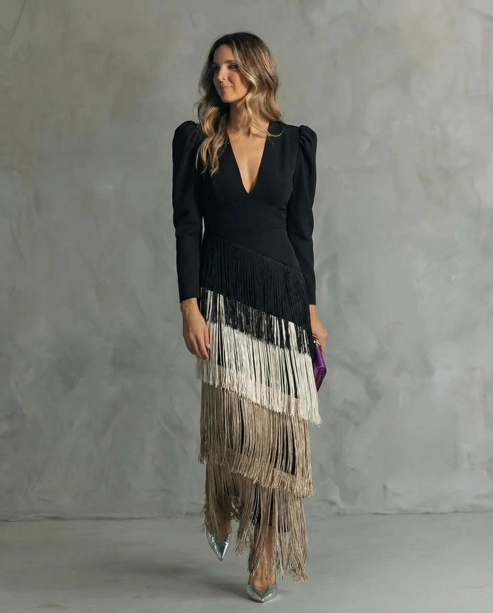 Coffee Women's Wedding Guest Dress — Tessa Deep V-Neck Fringe Tiered - Front Standing