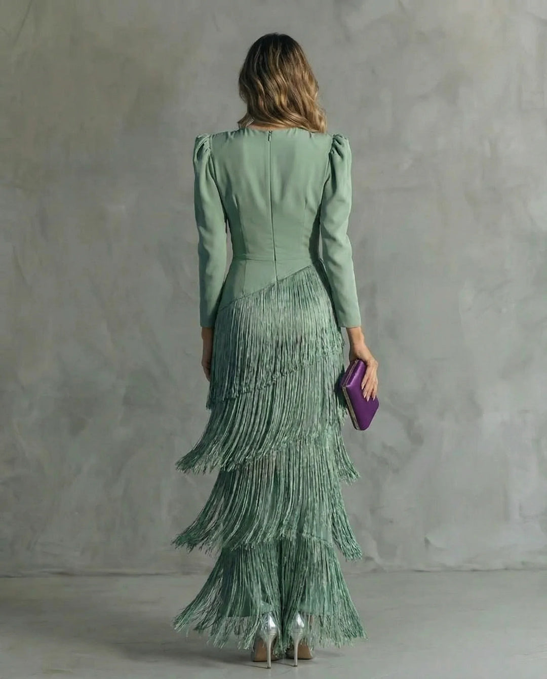 Light Green Women's Wedding Guest Dress — Tessa Deep V-Neck Fringe Tiered - Back Detail