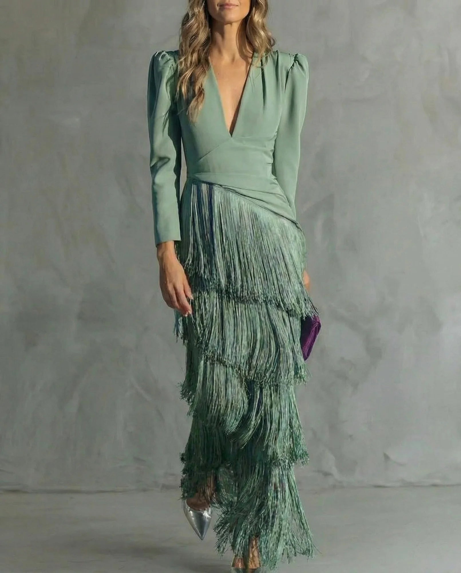 Light Green Women's Wedding Guest Dress — Tessa Deep V-Neck Fringe Tiered - Front Angled