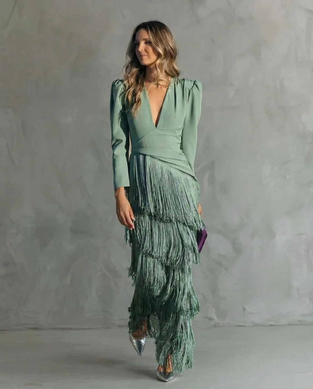 Light Green Women's Wedding Guest Dress — Tessa Deep V-Neck Fringe Tiered - Front Full