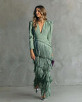 Women's Wedding Guest Dress — Tessa Deep V-Neck Fringe Tiered