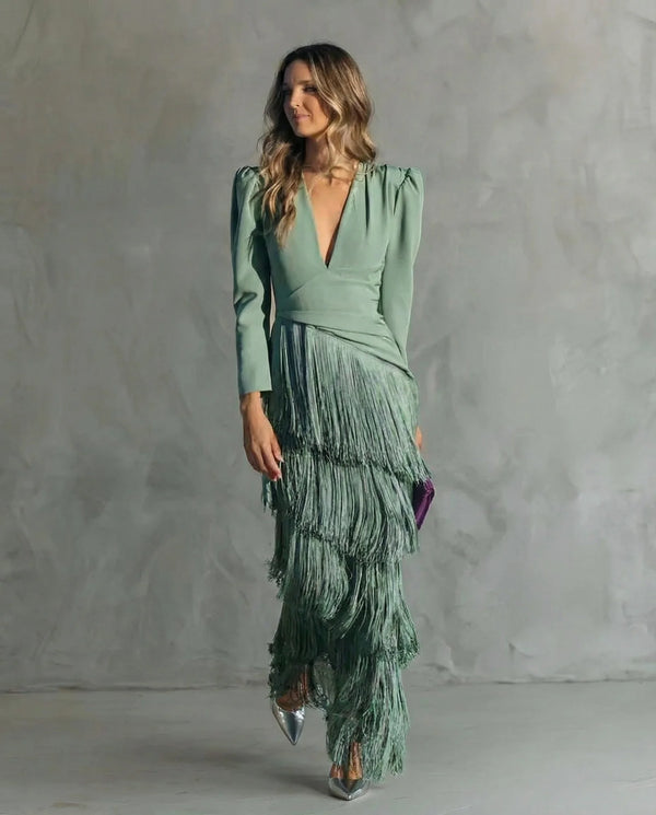 Light Green Women's Wedding Guest Dress — Tessa Deep V-Neck Fringe Tiered - Front Full