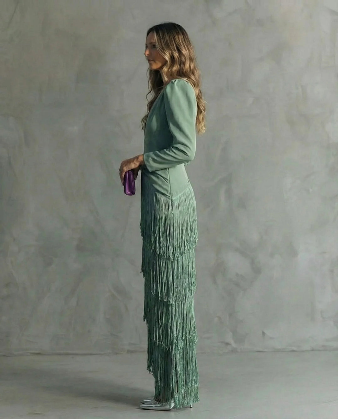 Light Green Women's Wedding Guest Dress — Tessa Deep V-Neck Fringe Tiered - Side Profile