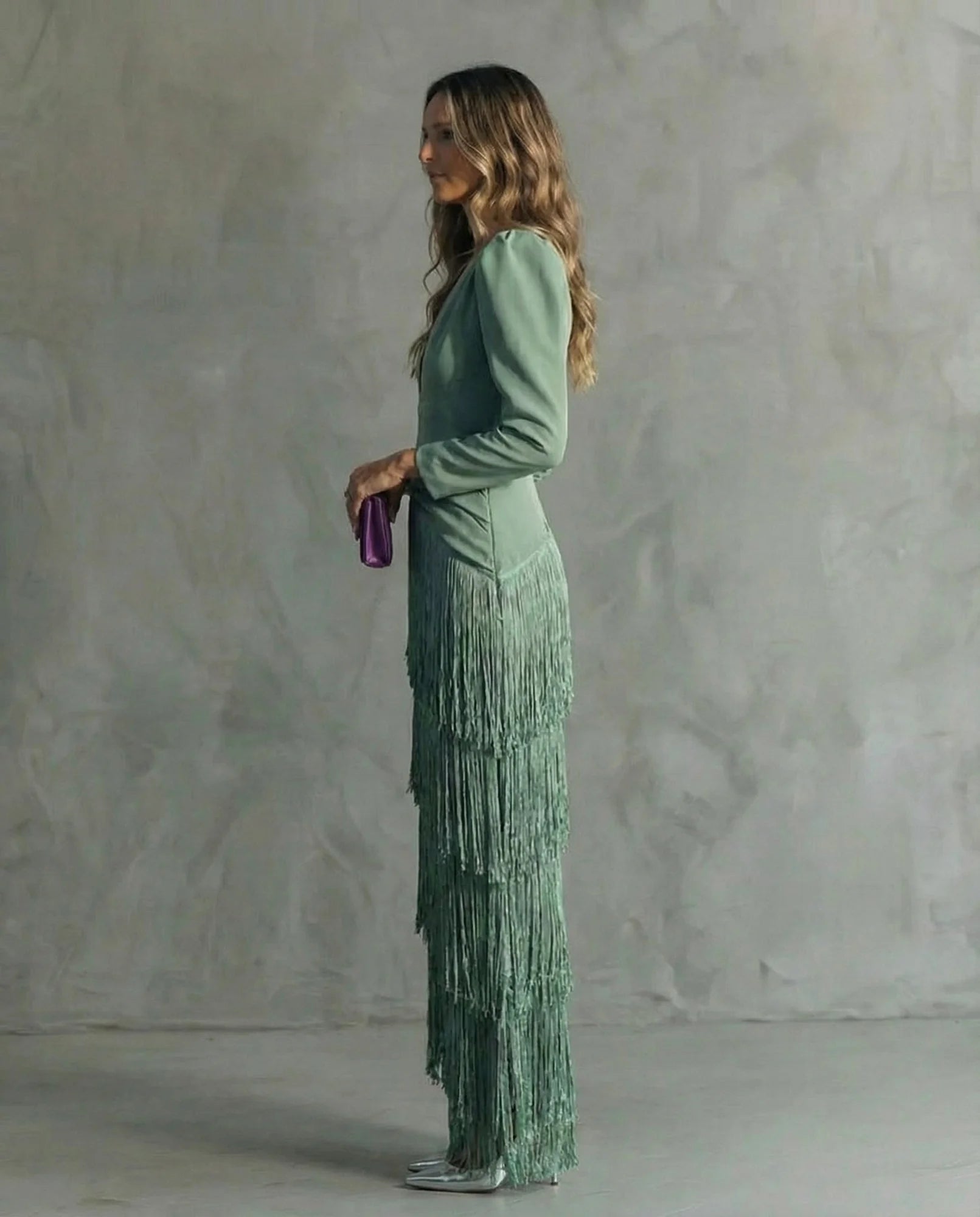 Light Green Women's Wedding Guest Dress — Tessa Deep V-Neck Fringe Tiered - Side Profile