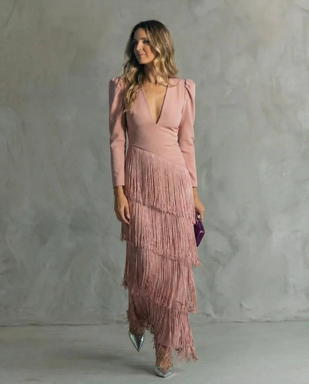 Lotus Women's Wedding Guest Dress — Tessa Deep V-Neck Fringe Tiered - Root Color Front Studio
