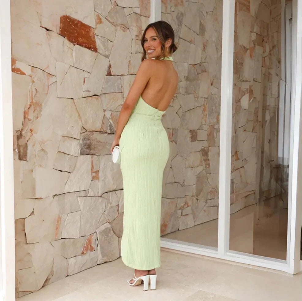 Light Green Women's Black Tie Wedding Guest Halter Dress — Livia Backless Bodycon Split - Back Detail