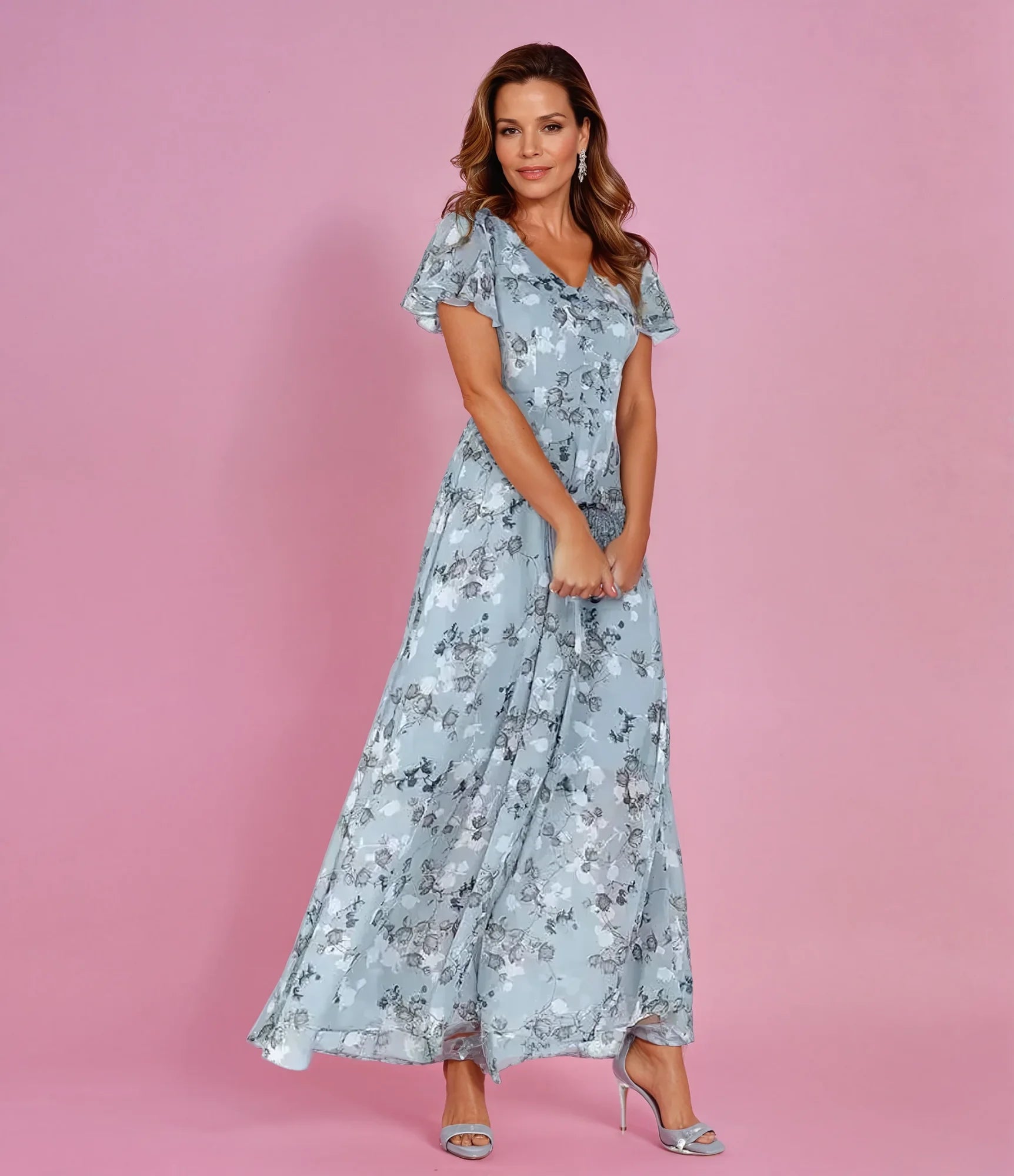 Light Blue Women's Wedding Guest Dress — Eowyn Floral Ruffle Chiffon - Front Full