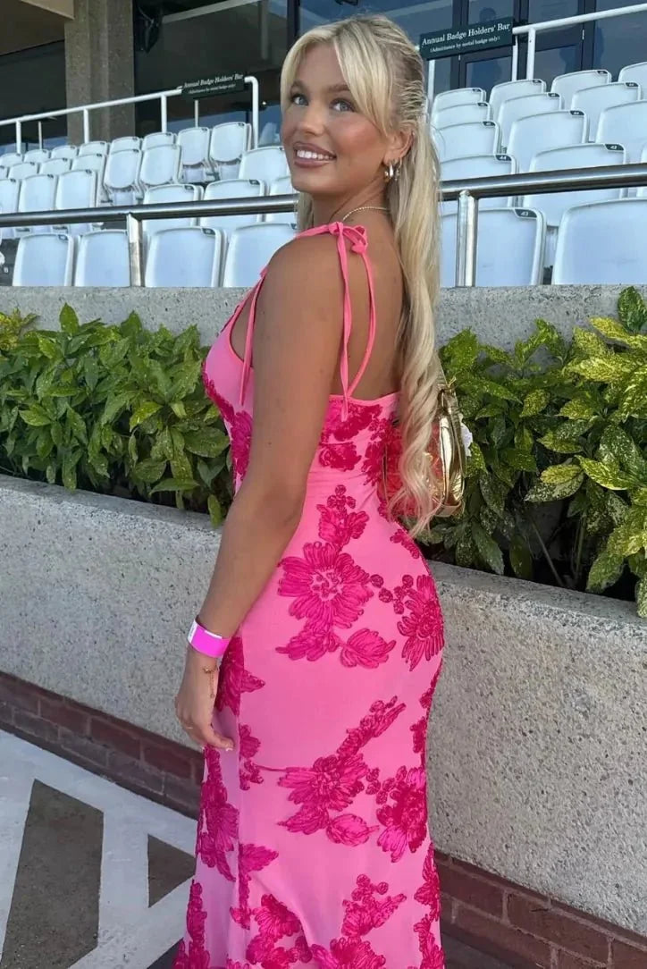 Hot Pink Women's Floral Wedding Guest Midi Dress — Heidi Tie Strap Embroidered - Back Detail