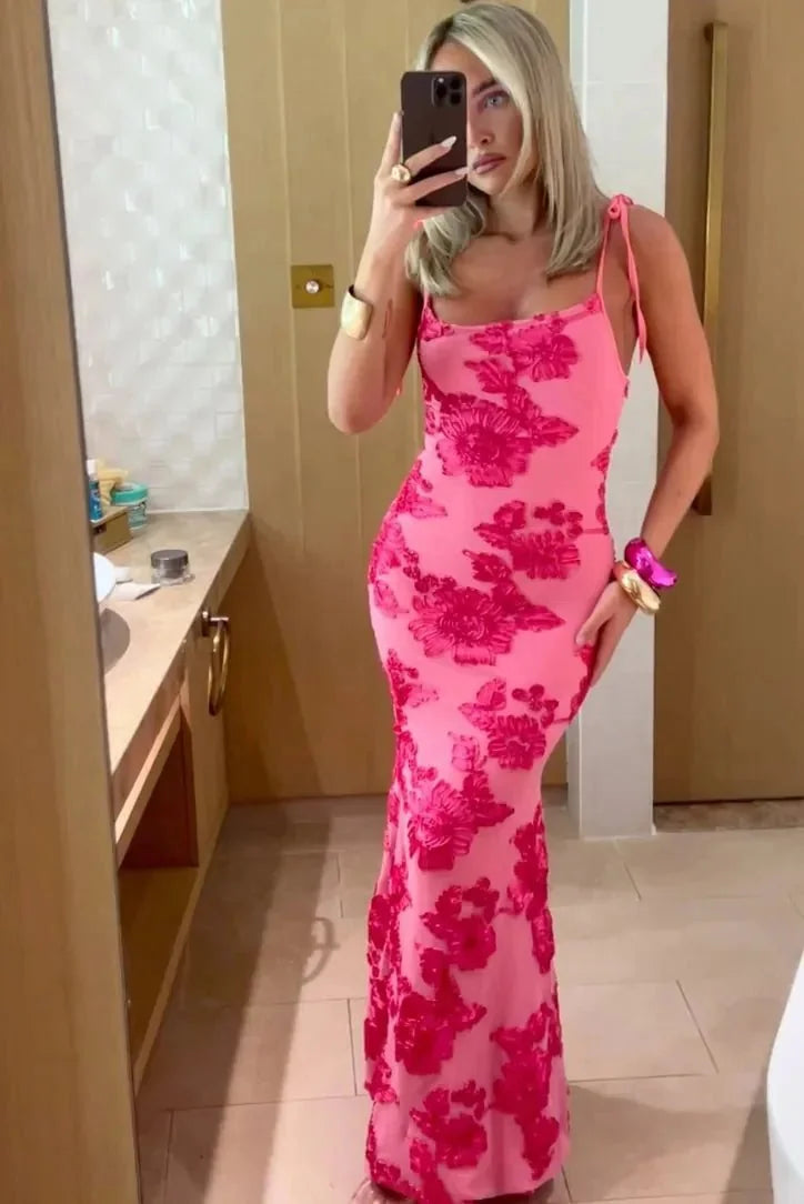 Hot Pink Women's Floral Wedding Guest Midi Dress — Heidi Tie Strap Embroidered - Mirror Selfie