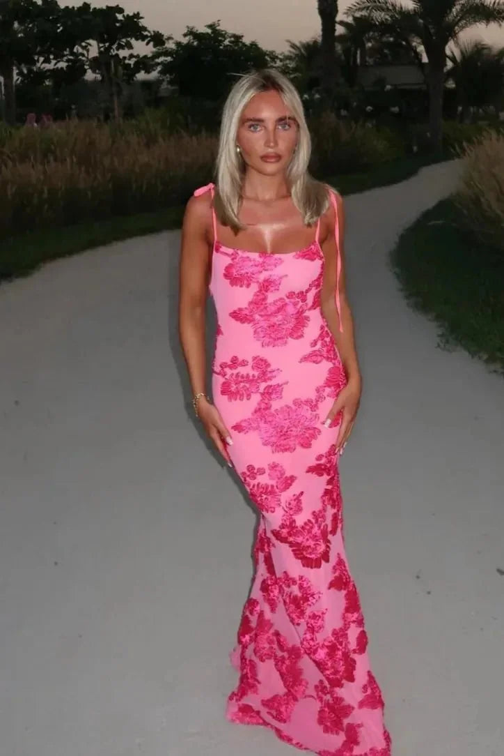 Hot Pink Women's Floral Wedding Guest Midi Dress — Heidi Tie Strap Embroidered - Outdoor Pose