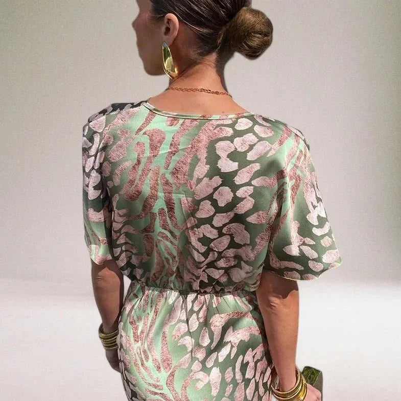 Sage Women's Wedding Guest Wrap Maxi Dress — Rose V-Neck Flutter Sleeve - Back Detail