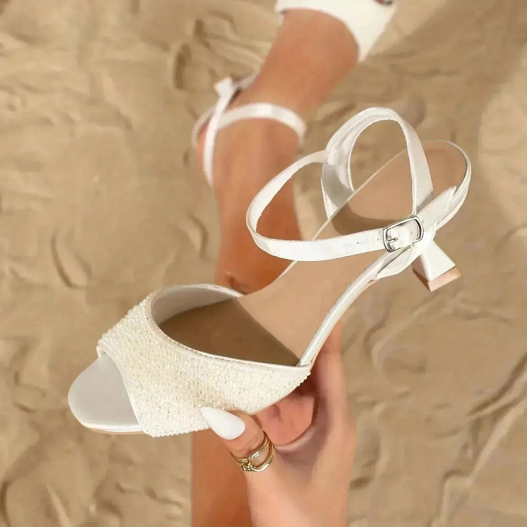 Serena | Elegant White Kitten Heels With Open Toe Ankle Strap - White - 1
