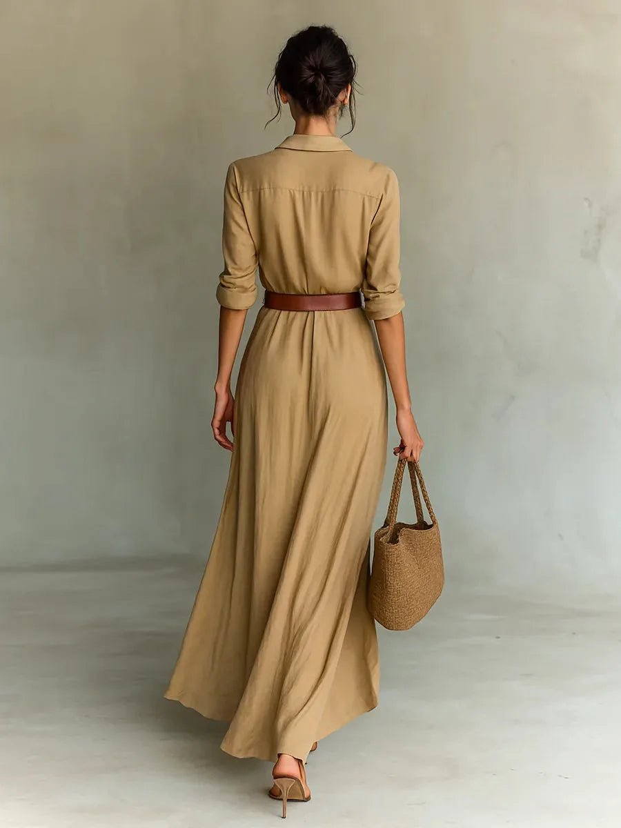 Willow | Elegant White Long Sleeve Belted Maxi Dress - Black - 5