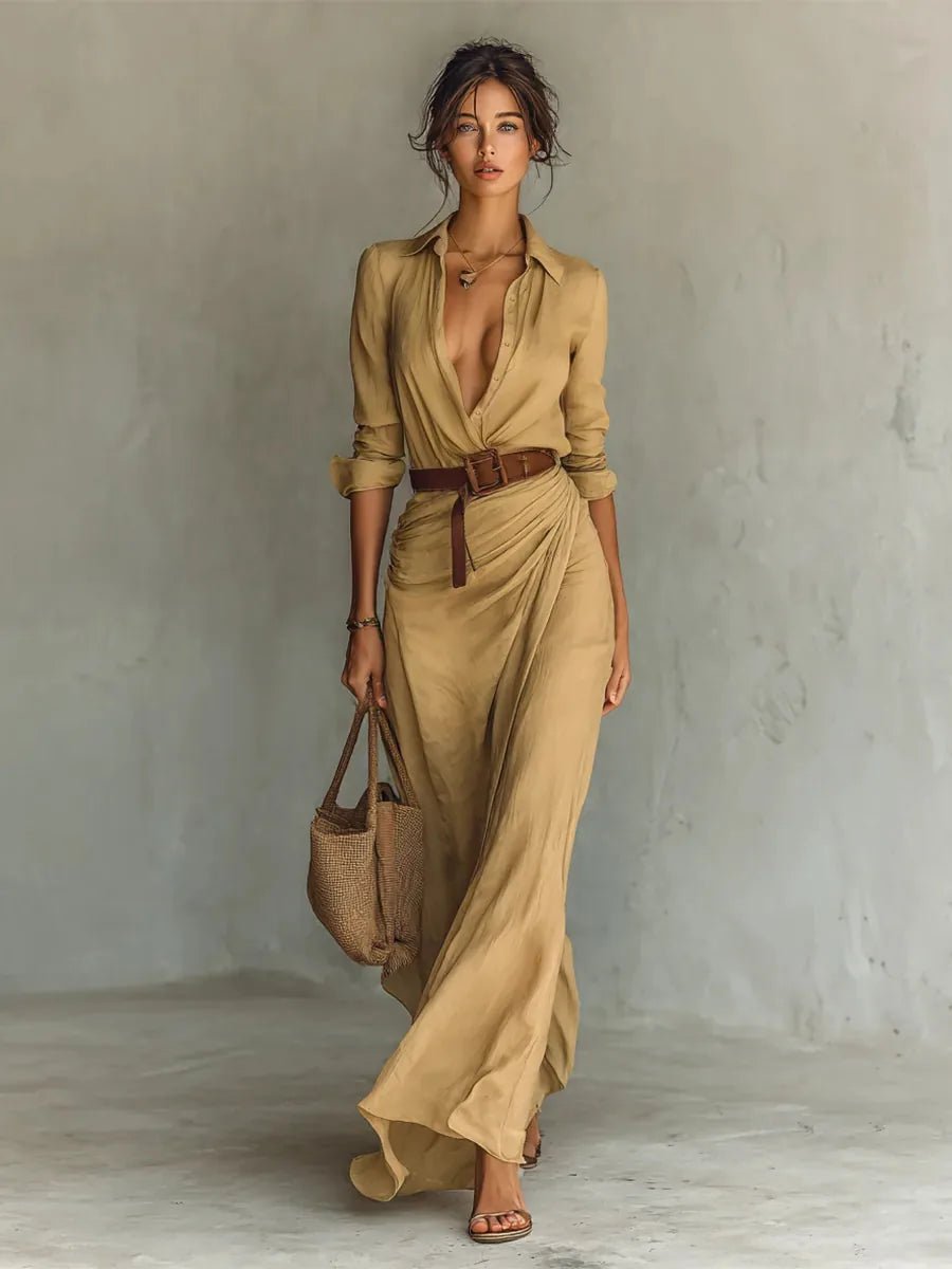 Willow | Elegant White Long Sleeve Belted Maxi Dress - Beige - 3