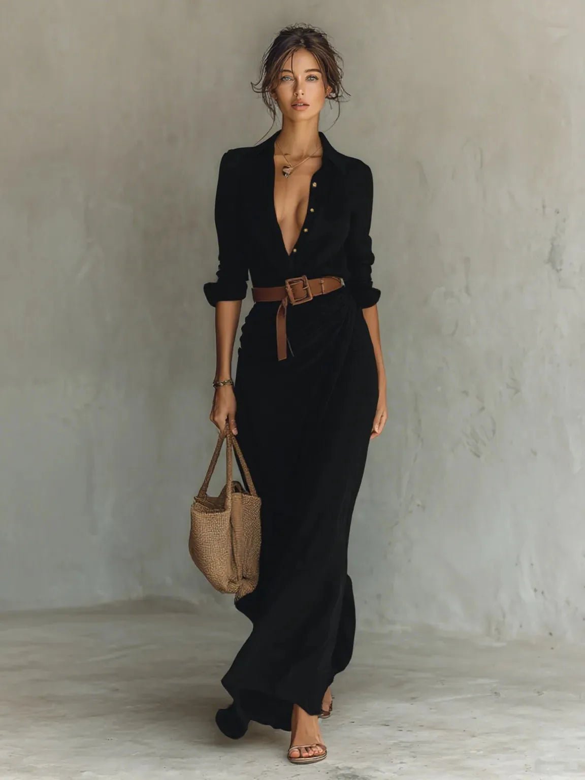 Willow | Elegant White Long Sleeve Belted Maxi Dress - Black - 4