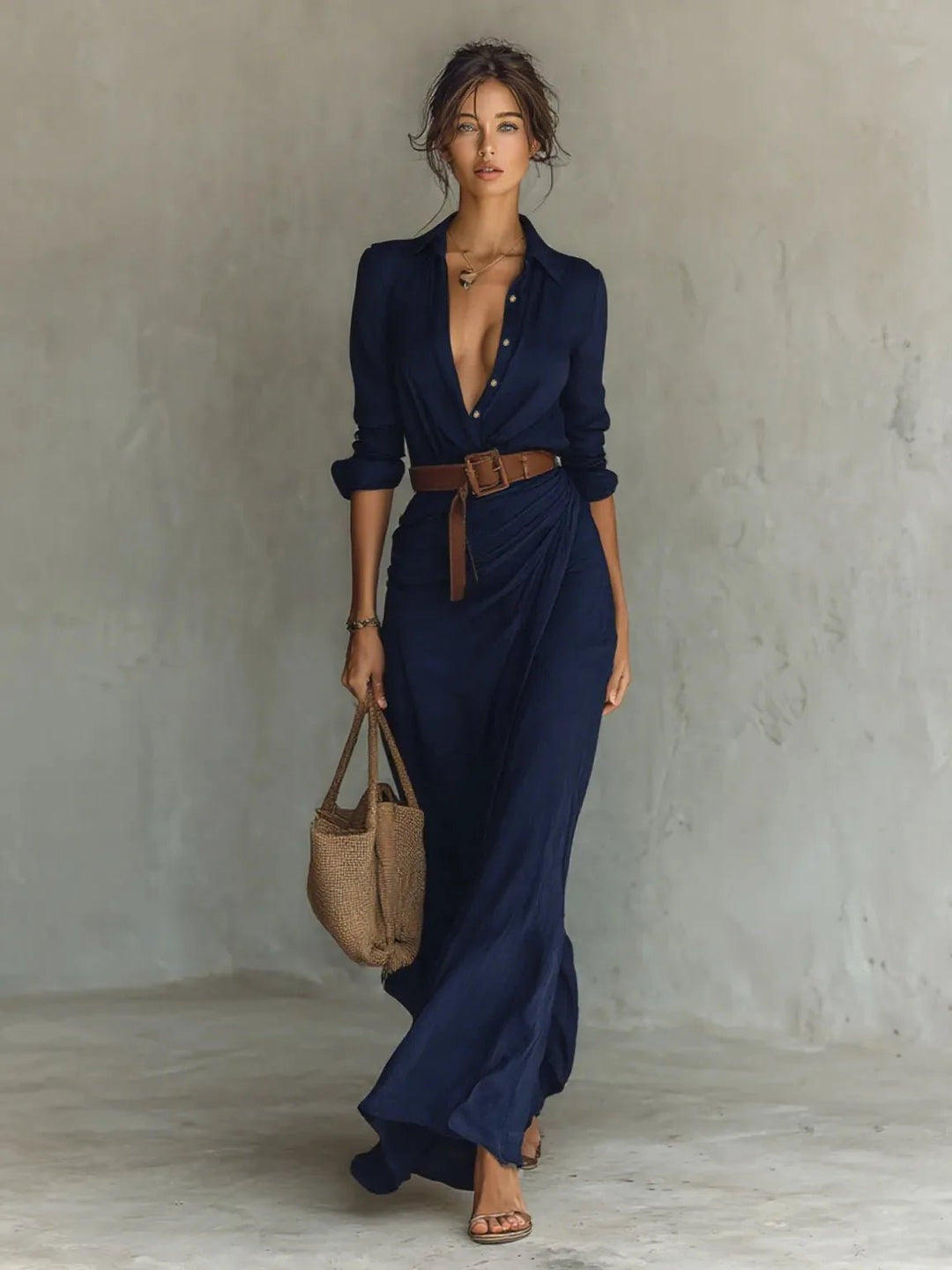 Willow | Elegant White Long Sleeve Belted Maxi Dress - Navy Blue - 2