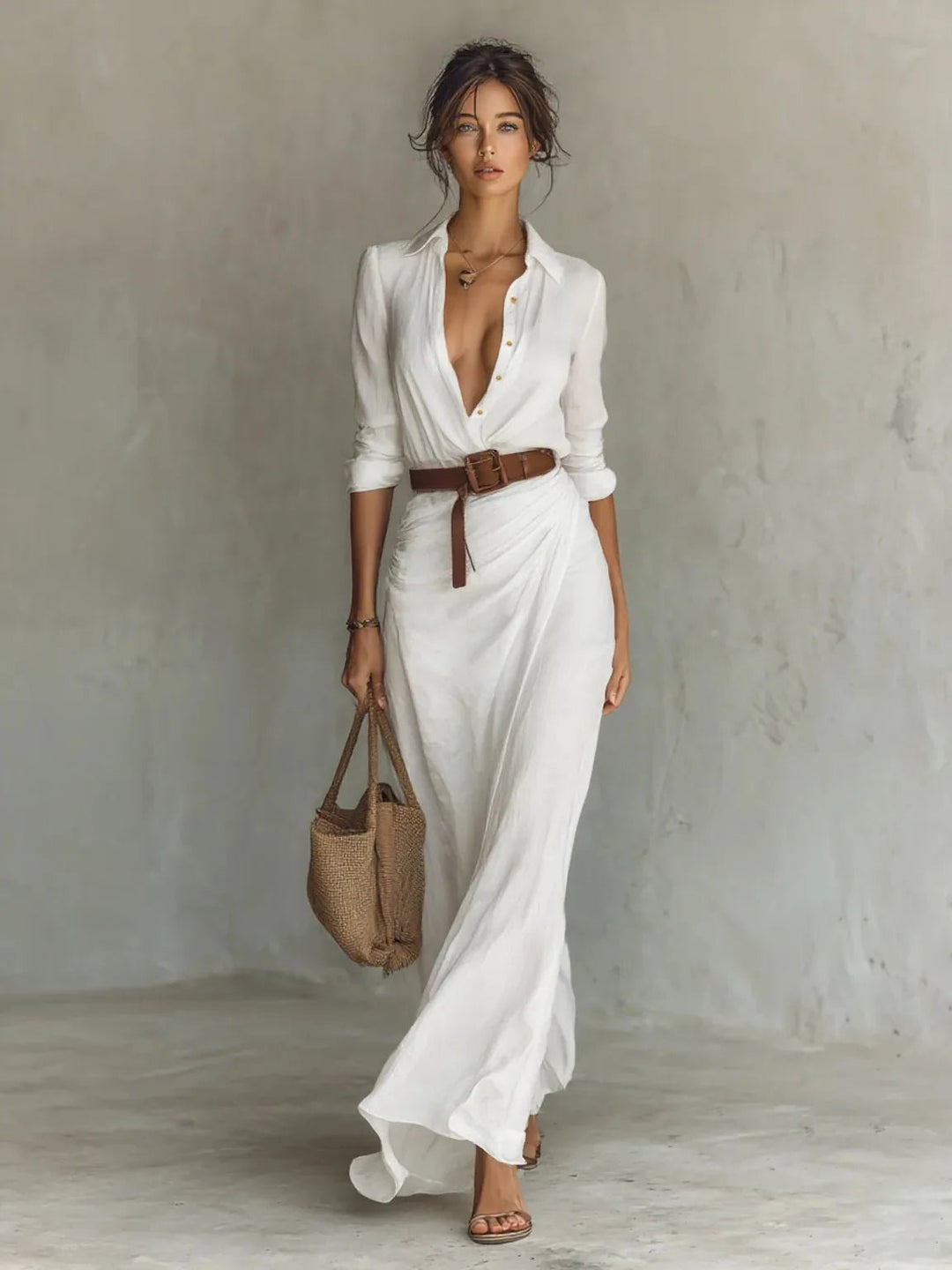 Willow | Elegant White Long Sleeve Belted Maxi Dress - White - 1