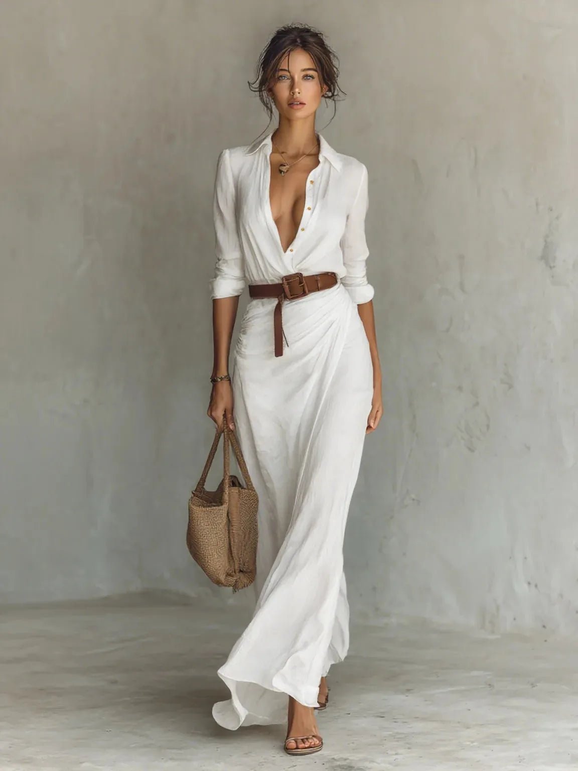 Willow | Elegant White Long Sleeve Belted Maxi Dress - White - 1